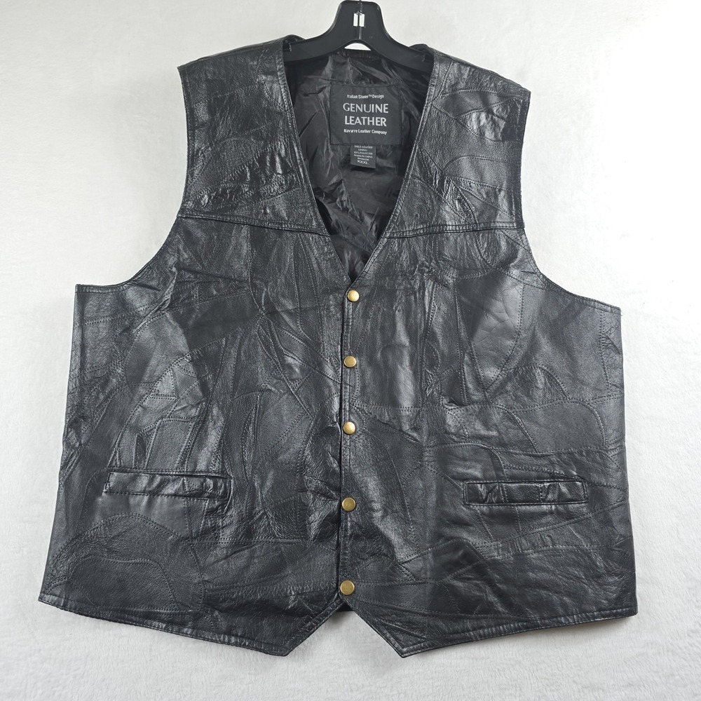 Italian Stone Design Black Leather Patchwork Biker Vest Mens XXXL RN84256